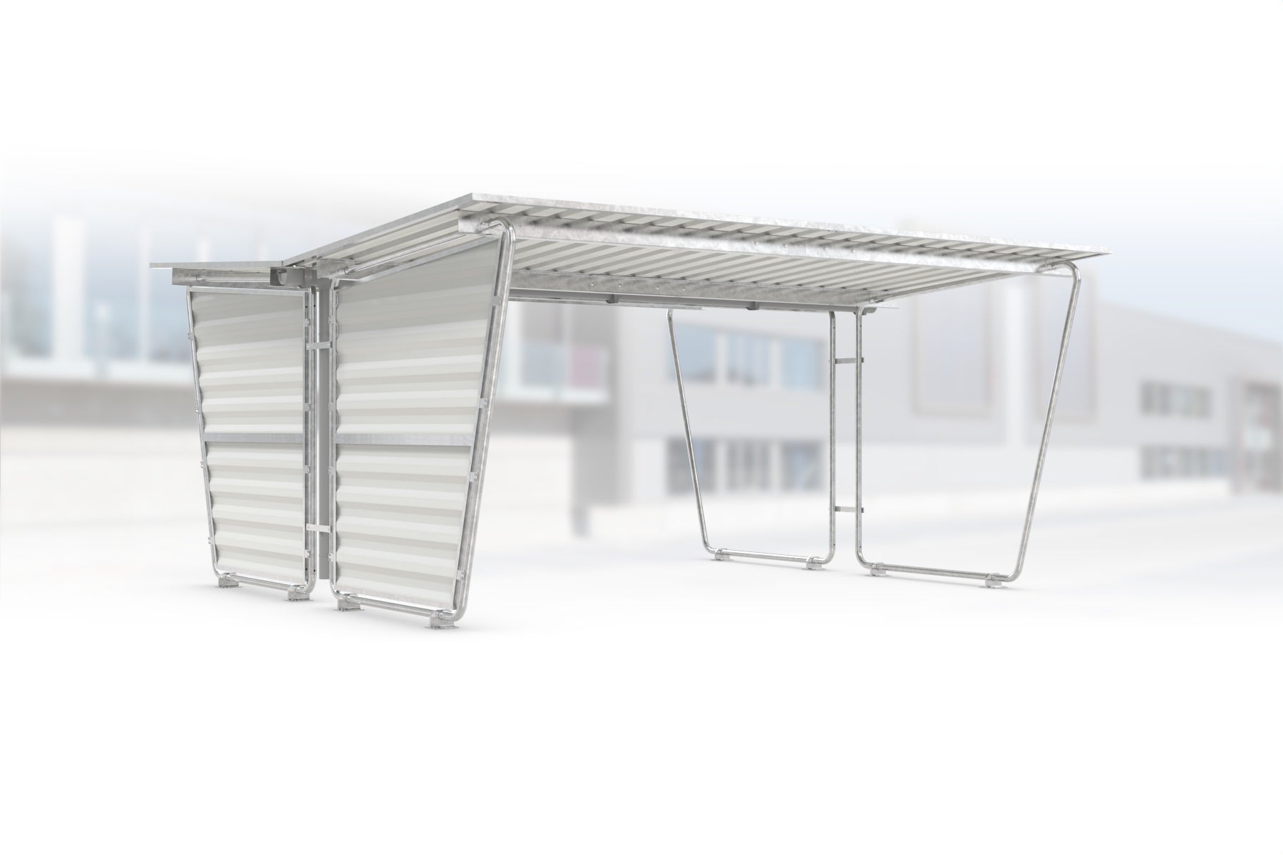 Überdachung Siegen S28 feuerverzinkt, doppelseitig, 4300 × 4660 mm, Pultdach mit Trapezblech, mit Trapezblech-Seitenwand links, Regenrinne und Fallrohr inklusive – Stahlbausatz zur Eigenaufstellung