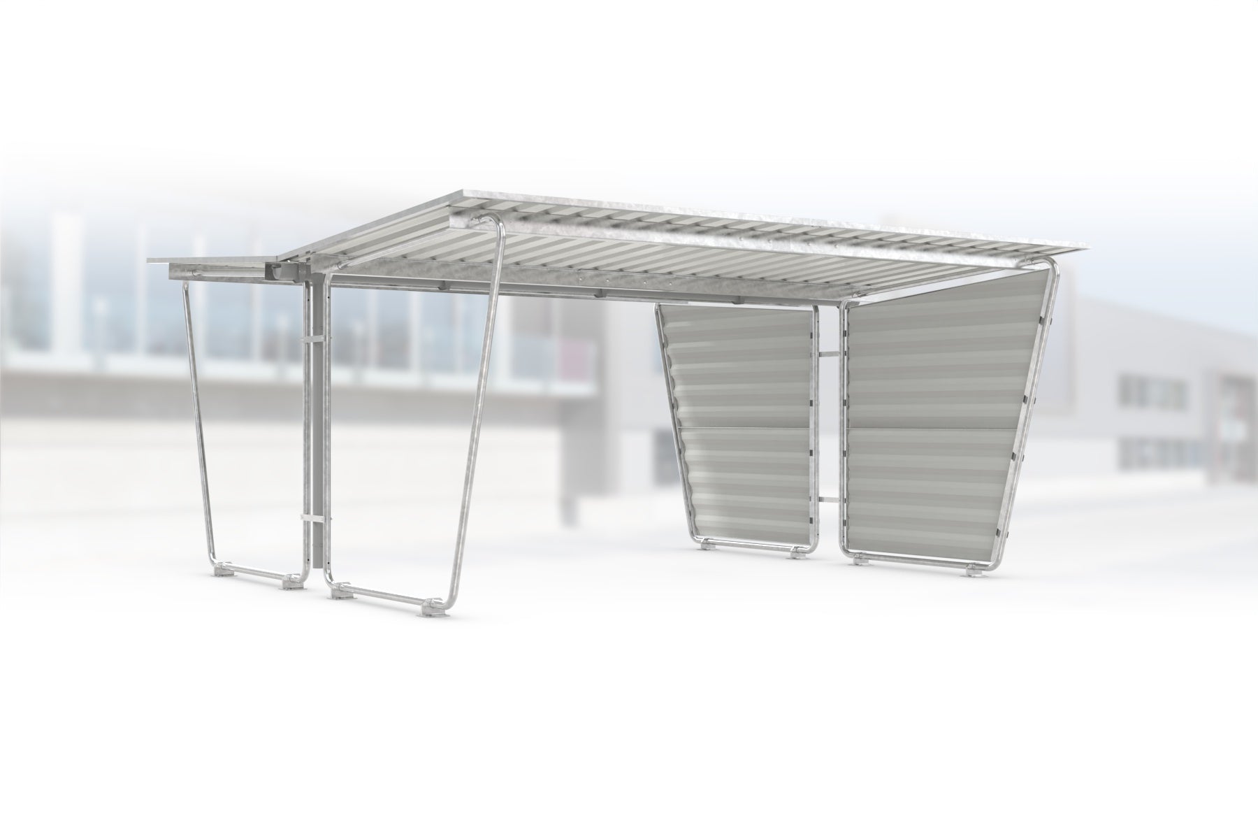 Überdachung Siegen S28 feuerverzinkt, doppelseitig, 4300 × 4660 mm, Pultdach mit Trapezblech, mit Trapezblech-Seitenwand rechts, Regenrinne und Fallrohr inklusive – Stahlbausatz zur Eigenaufstellung