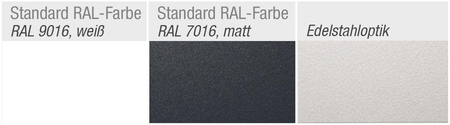 Drei Aluminium-Farbmuster: RAL 9016 weiß, RAL 7016 matt, Edelstahloptik für Vordach