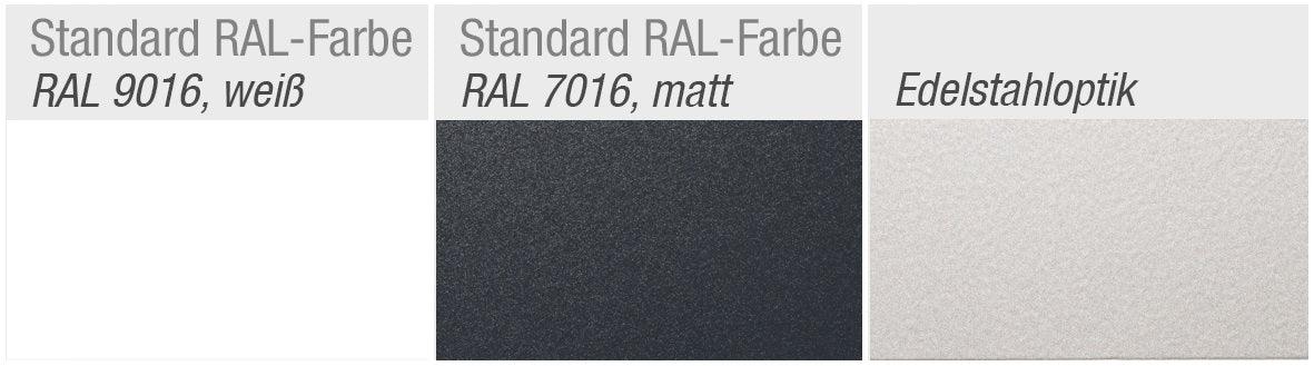 Farbmuster Aluminium Vordach: RAL 9016 weiß, RAL 7016 matt, Edelstahloptik