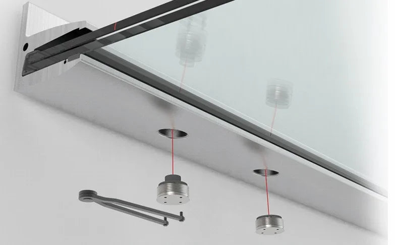 Vordach aus Aluminium mit Glas, moderne Edelstahl-Halterungen, Detailansicht Montage