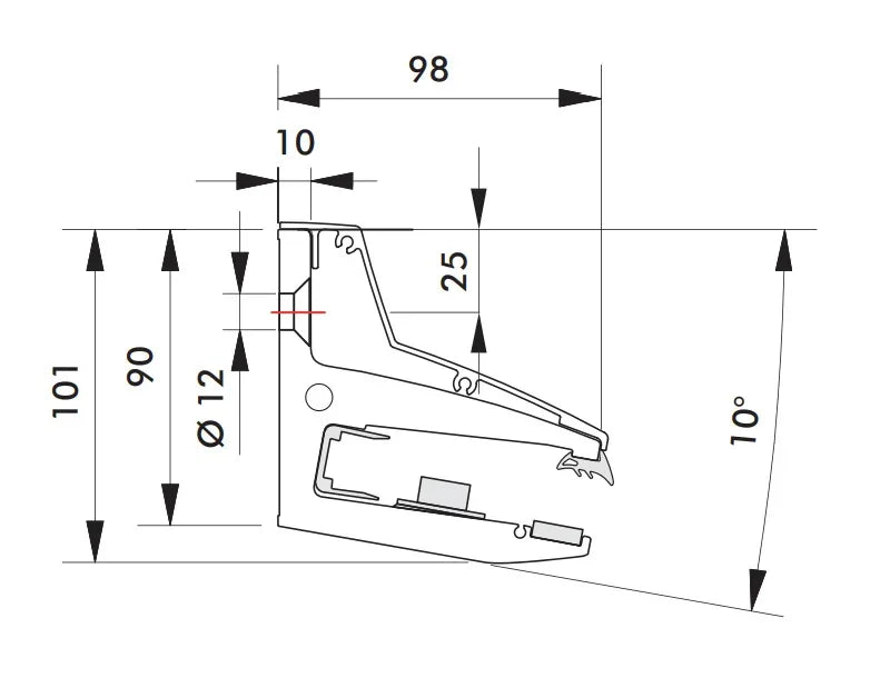 Technische Zeichnung eines Aluminium Vordach-Profils mit Maßangaben und Winkeln
