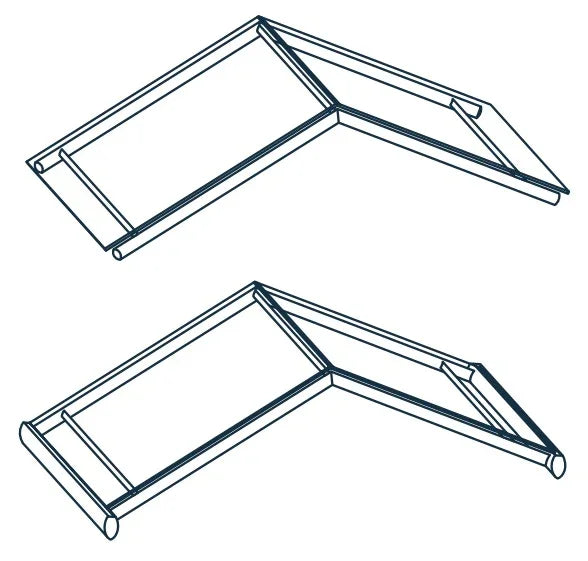 Zeichnung eines Vordachs aus Edelstahl mit VSG-Glas und integrierter Regenrinne, Eckform.