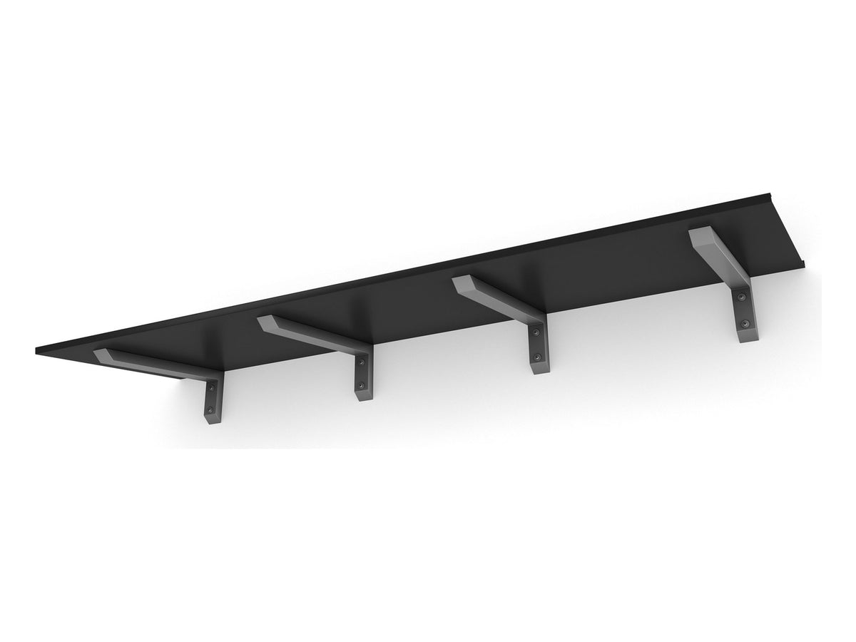Vordach Erlangen 2500 mm von unten, schwarzes Aluminiumdach mit silbernen Konsolen #Material Dach_Aluminium Schwarz