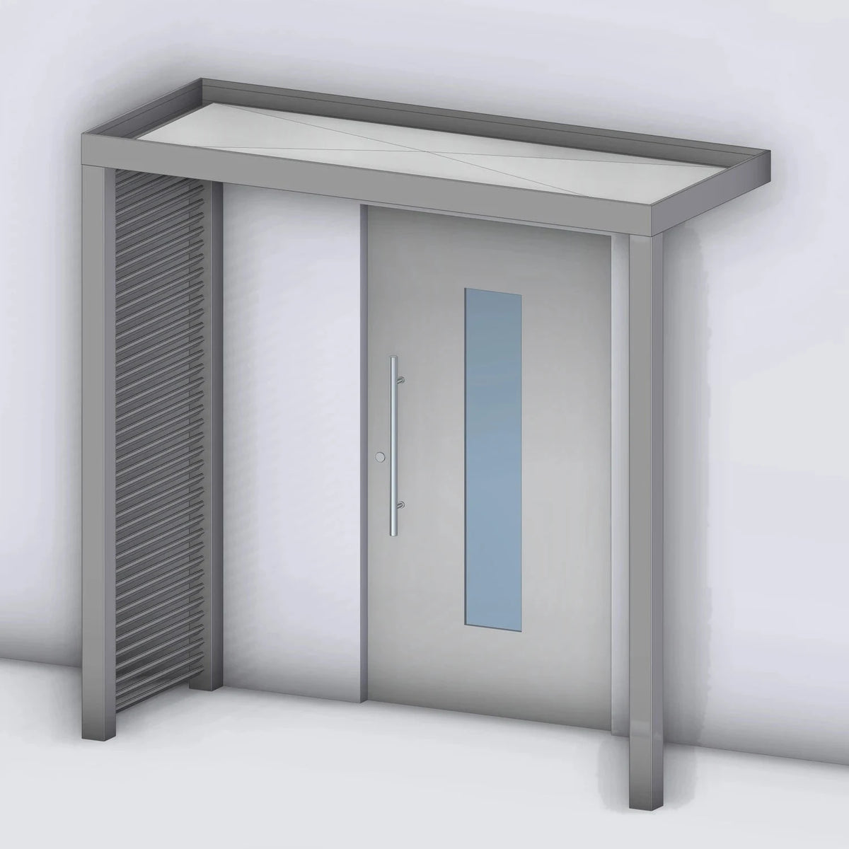 Vordach Platin 125 mit Aluminium-Sprossenseitenteil links und Eckstütze rechts, Rendering