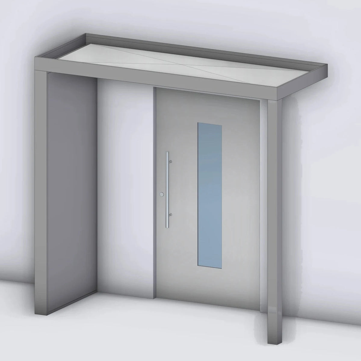 Vordach Platin 125 mit geschlossenem Aluminium-Seitenteil links und Eckstütze rechts, Rendering