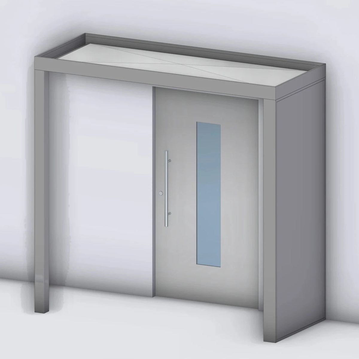 Vordach Platin 125 mit geschlossenem Aluminium-Seitenteil rechts und Eckstütze links, Rendering