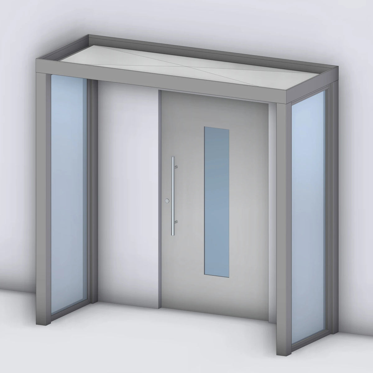 Vordach Platin 125 mit Glas-Seitenteil links und rechts, Rendering