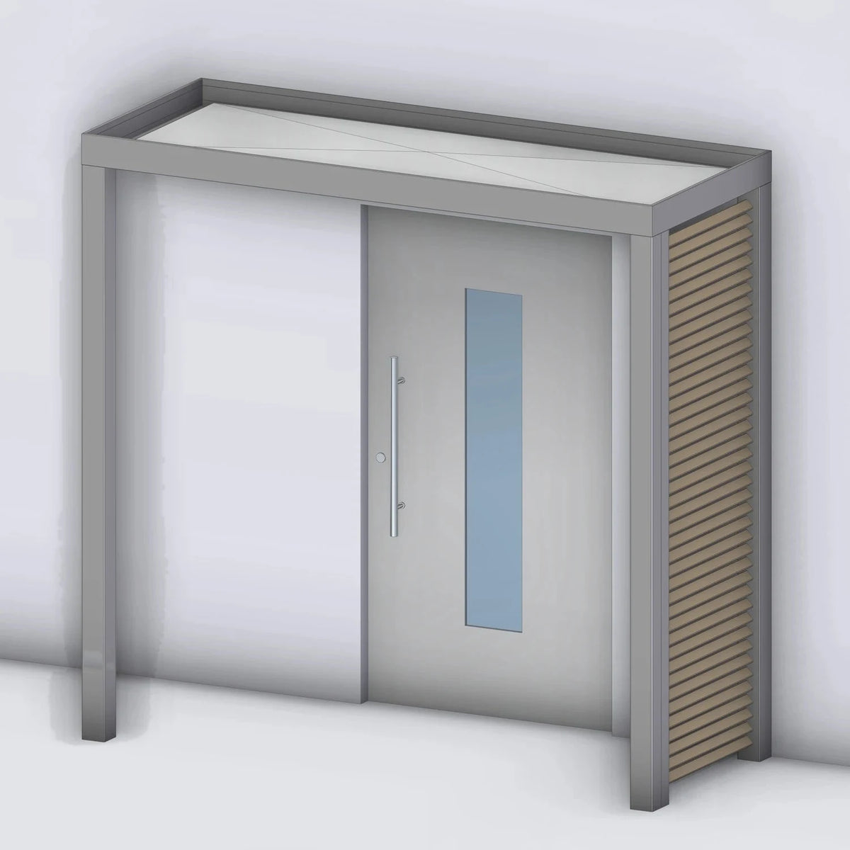 Vordach Platin 125 mit Holz-Sprossenseitenteil rechts und Eckstütze links, Rendering
