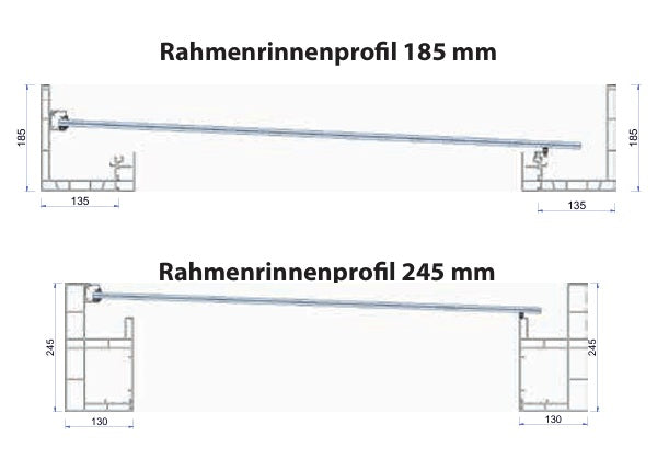 Rahmenrinnenprofil Vordach Platin VSG im Schnitt: Ausführung 185 mm und 245 mm mit Maßangaben, VSG-Glas und Wandanschluss