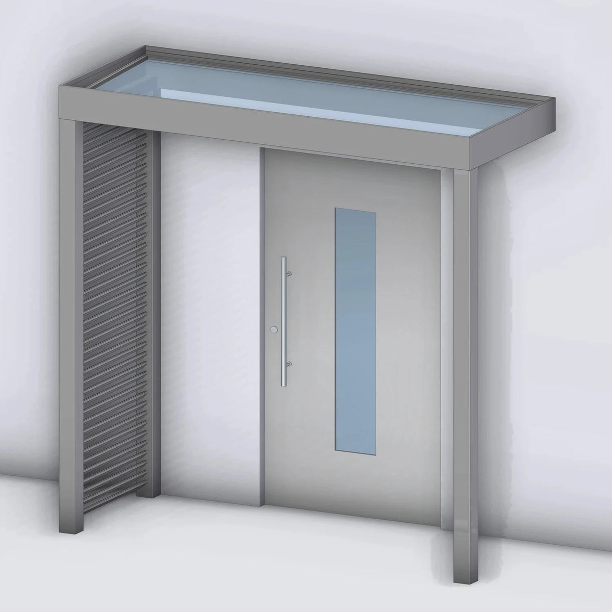 Vordach Platin VSG mit Aluminium-Sprossenseitenteil links und Eckstütze rechts, Rendering
