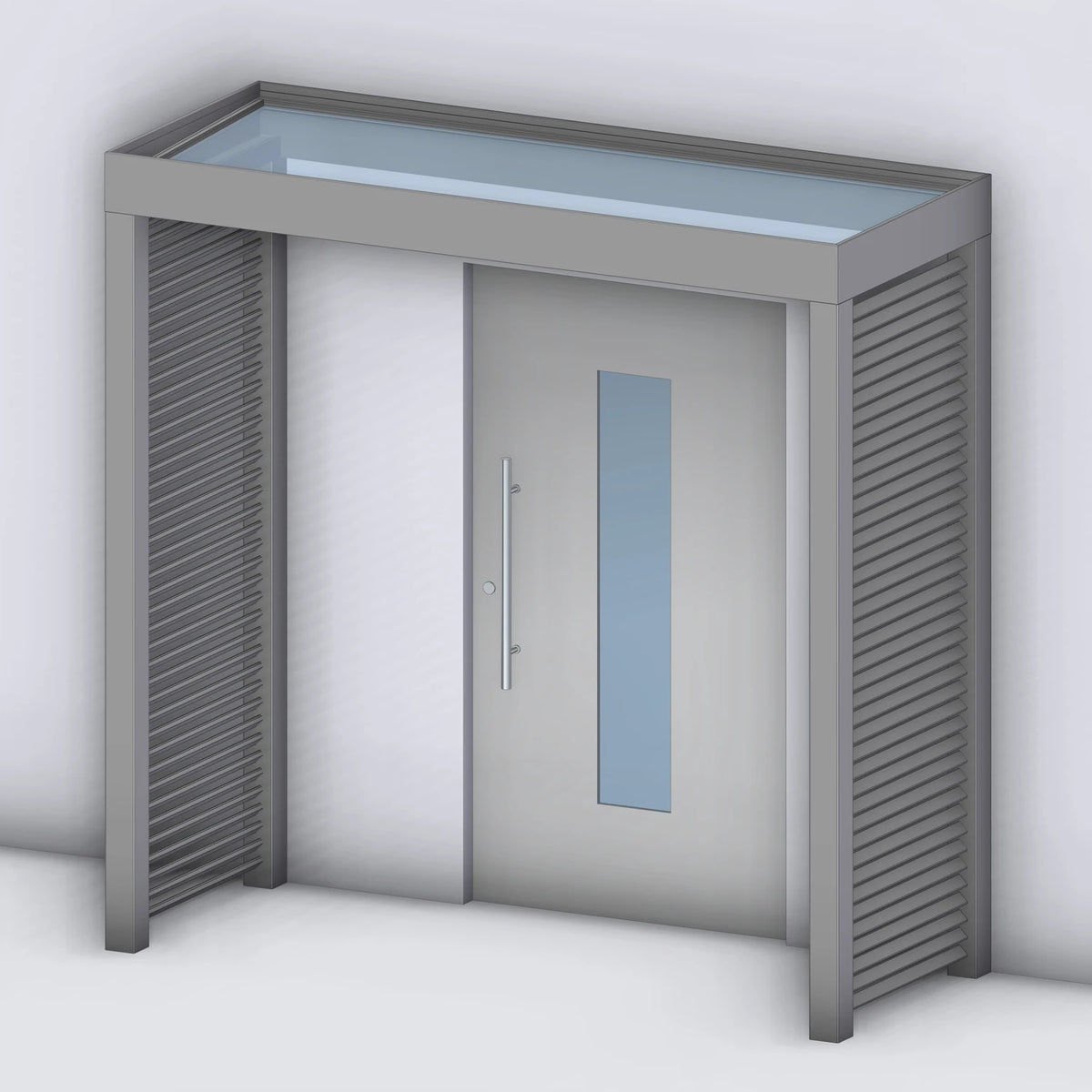 Vordach Platin VSG mit Aluminium-Sprossenseitenteil links und rechts, Rendering