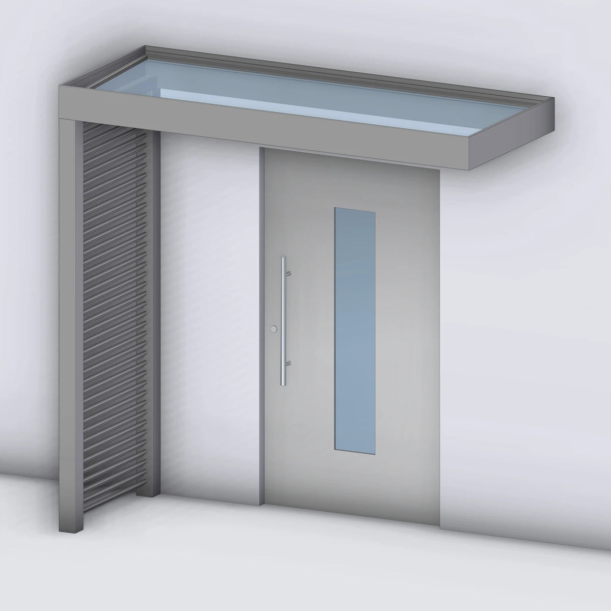 Vordach Platin VSG mit Aluminium-Sprossenseitenteil links, Rendering