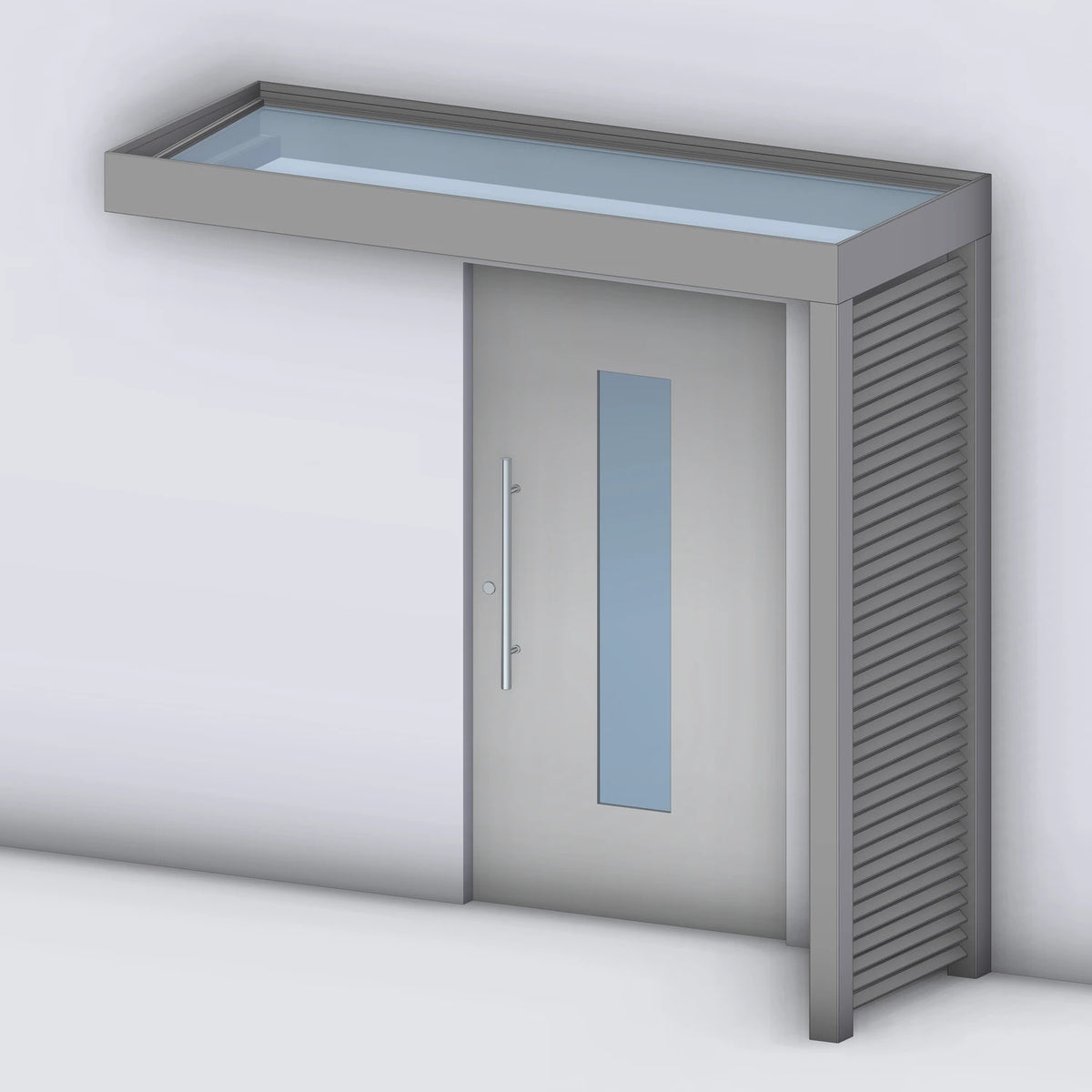 Vordach Platin VSG mit Aluminium-Sprossenseitenteil rechts, Rendering