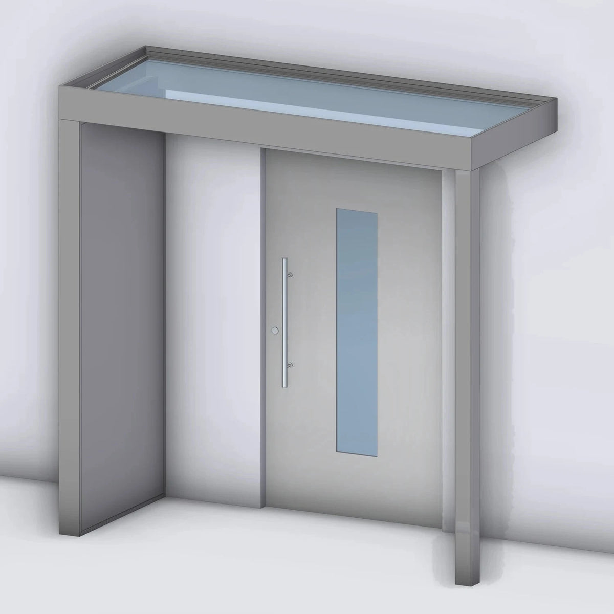 Vordach Platin VSG mit geschlossenem Aluminium-Seitenteil links und Eckstütze rechts, Rendering