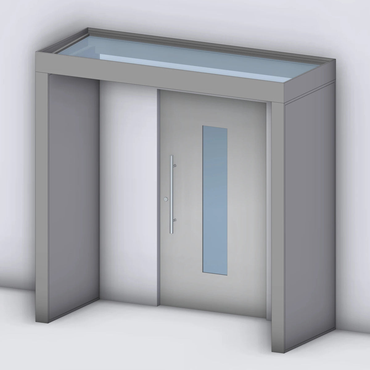 Vordach Platin VSG mit geschlossenem Aluminium-Seitenteil links und rechts, Rendering