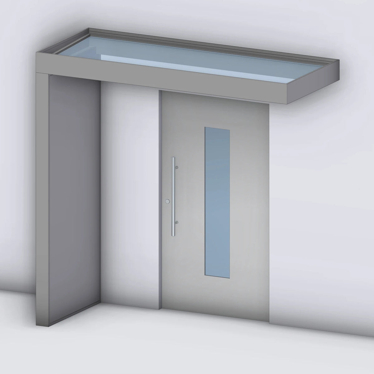 Vordach Platin VSG mit geschlossenem Aluminium-Seitenteil links, Rendering