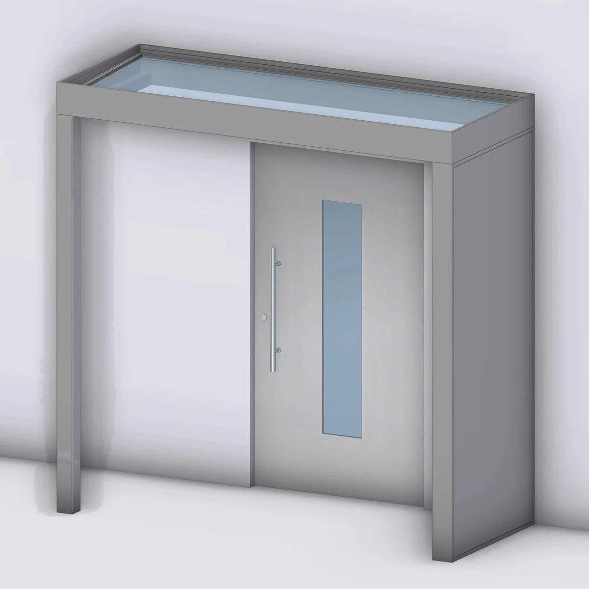 Vordach Platin VSG mit geschlossenem Aluminium-Seitenteil rechts und Eckstütze links, Rendering