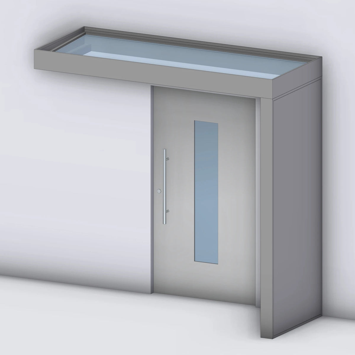 Vordach Platin VSG mit geschlossenem Aluminium-Seitenteil rechts, Rendering