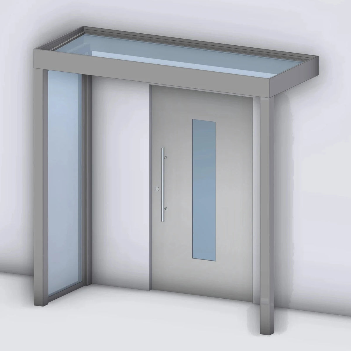 Vordach Platin VSG mit Glas-Seitenteil links und Eckstütze rechts, Rendering