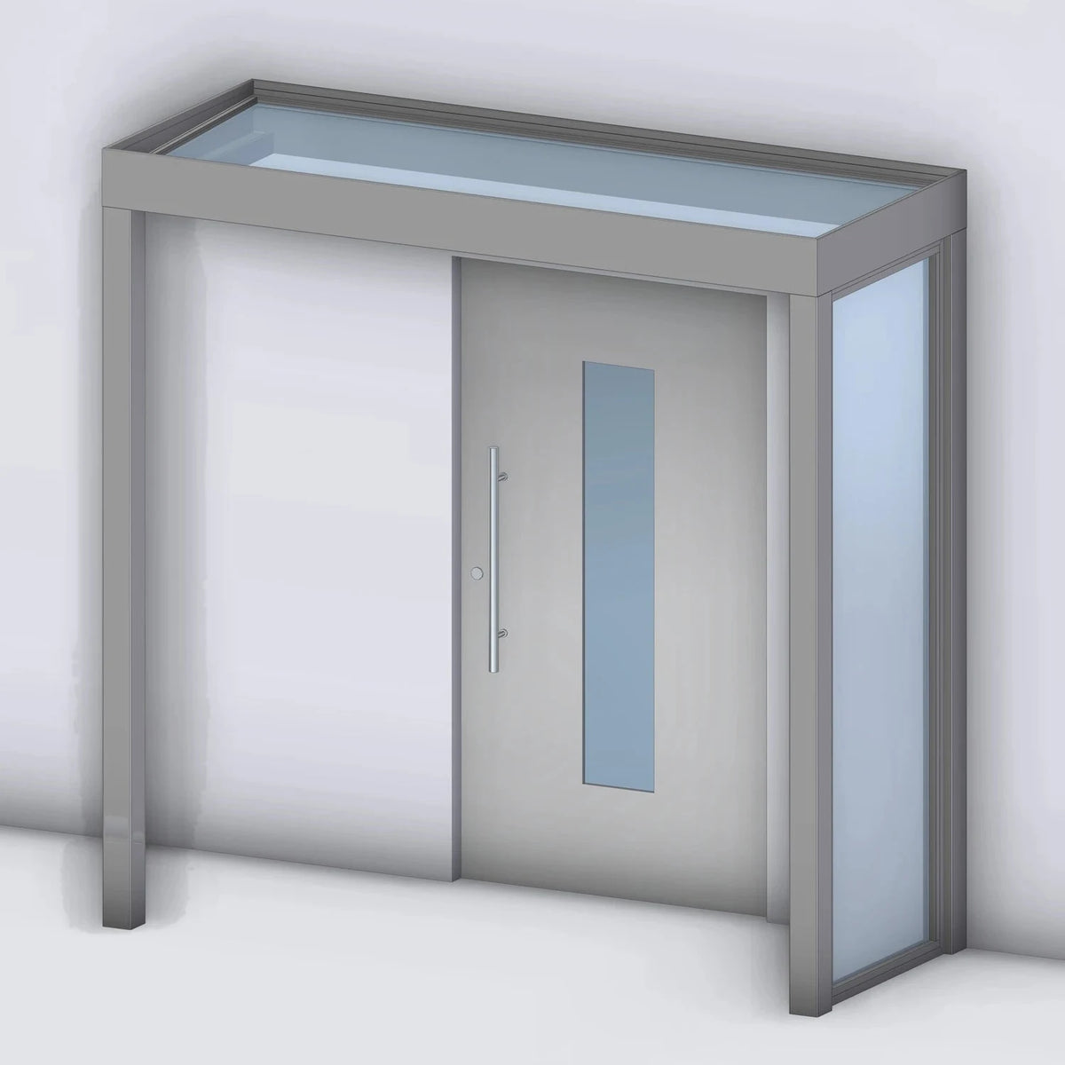 Vordach Platin VSG mit Glas-Seitenteil rechts und Eckstütze links, Rendering