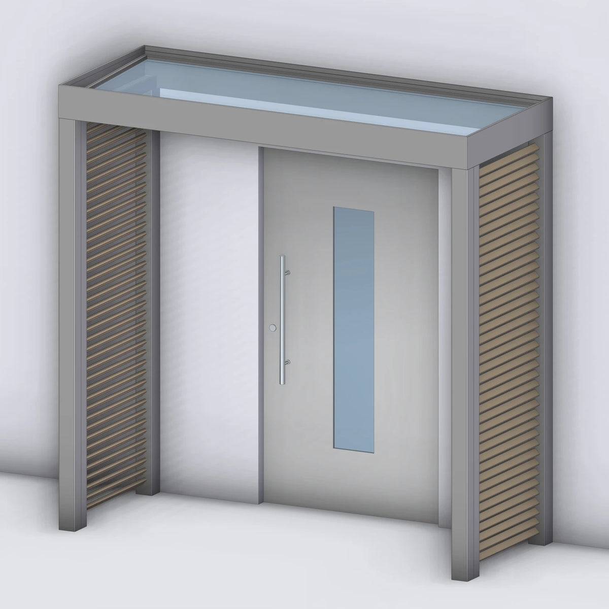 Vordach Platin VSG mit Holz-Sprossenseitenteil links und rechts, Rendering