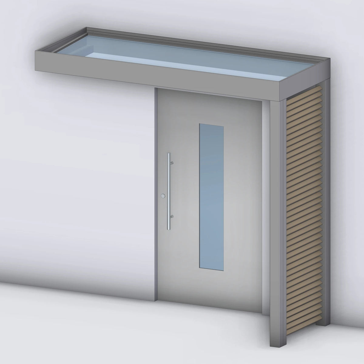 Vordach Platin VSG mit Holz-Sprossenseitenteil rechts, Rendering