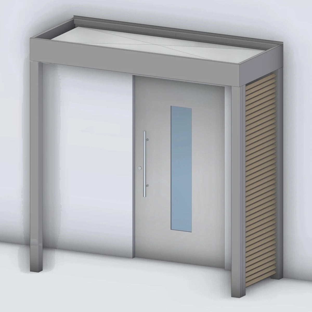 Vordach Tragwerk 245 mit Holz-Sprossenseitenteil rechts und Eckstütze links, Rendering