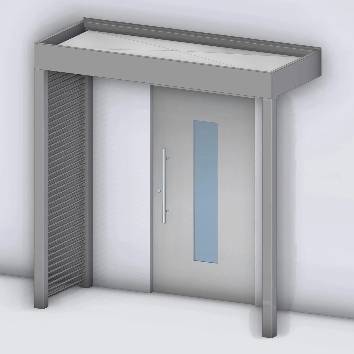 Vordach Tragwerk 245 VSG mit Aluminium-Sprossenseitenteil links und Eckstütze rechts, Rendering
