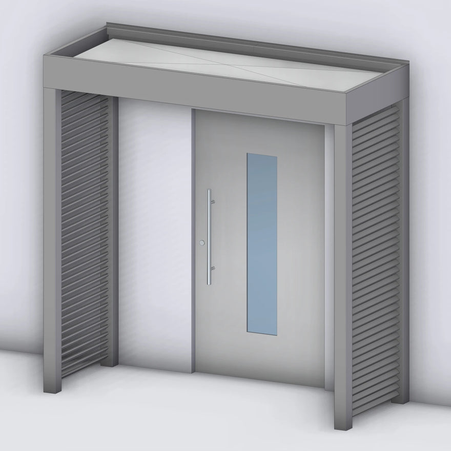 Vordach Platin auf Tragwerk 245 VSG mit Aluminium-Sprossenseitenteil links und rechts, Rendering (Darstellung mit Paneeleindeckung)