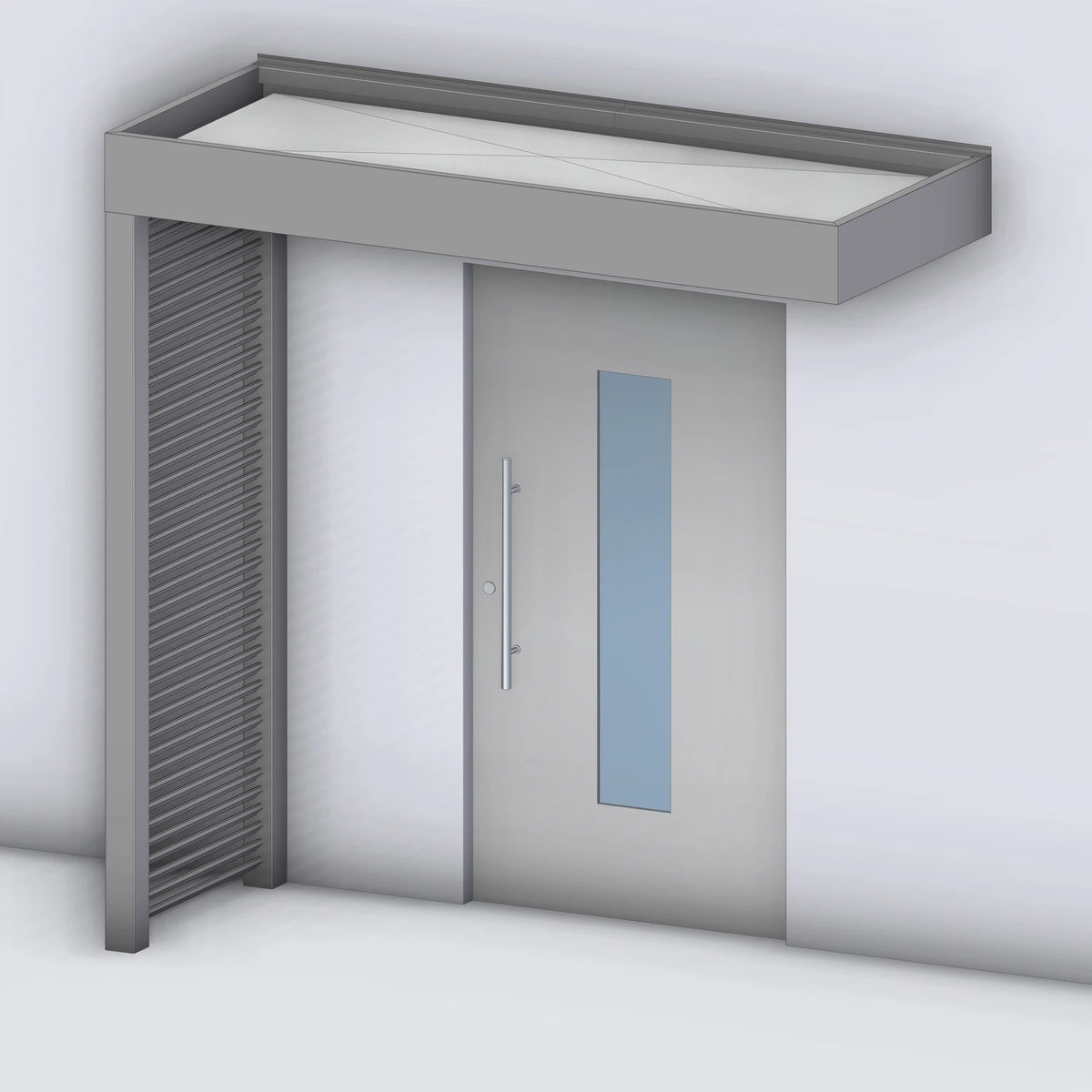 Vordach Platin auf Tragwerk 245 VSG mit Aluminium-Sprossenseitenteil links, Rendering (Darstellung mit Paneeleindeckung)