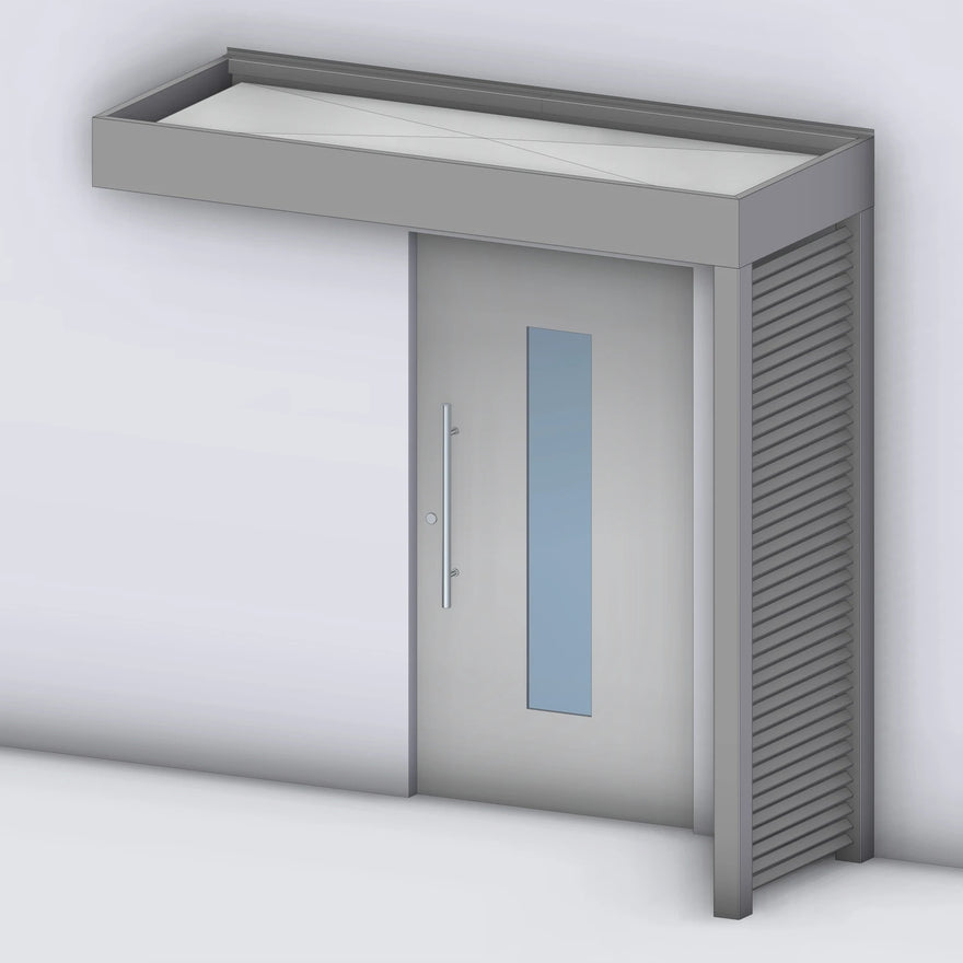 Vordach Platin auf Tragwerk 245 VSG mit Aluminium-Sprossenseitenteil rechts, Rendering (Darstellung mit Paneeleindeckung)