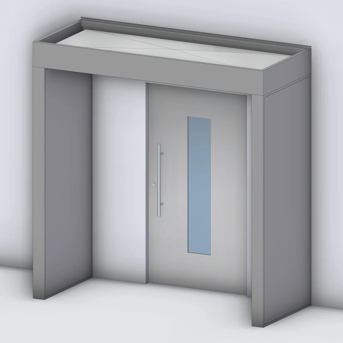 Vordach Platin auf Tragwerk 245 VSG mit geschlossenem Aluminium-Seitenteil links und rechts, Rendering (Darstellung mit Paneeleindeckung)
