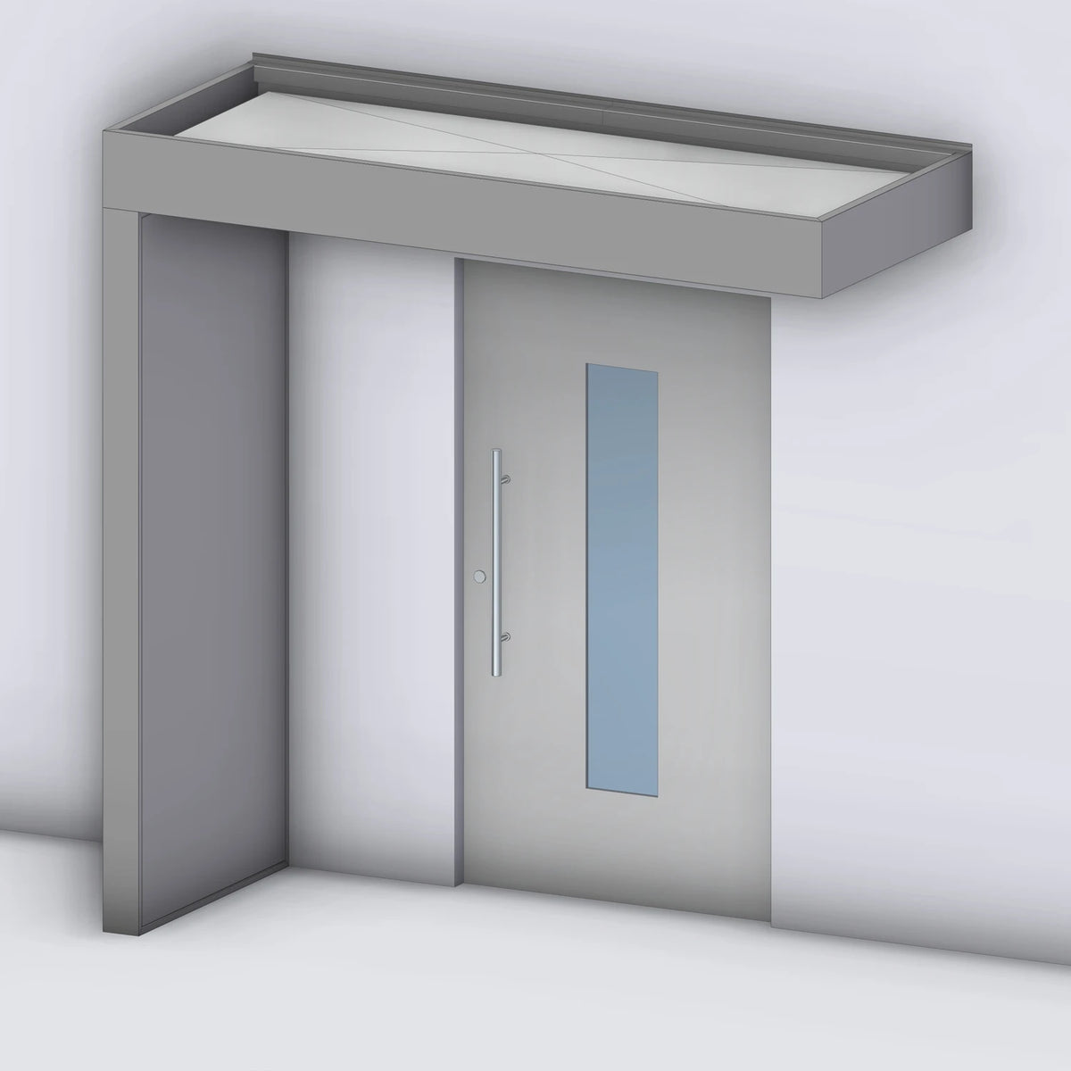 Vordach Platin auf Tragwerk 245 VSG mit geschlossenem Aluminium-Seitenteil links, Rendering (Darstellung mit Paneeleindeckung)