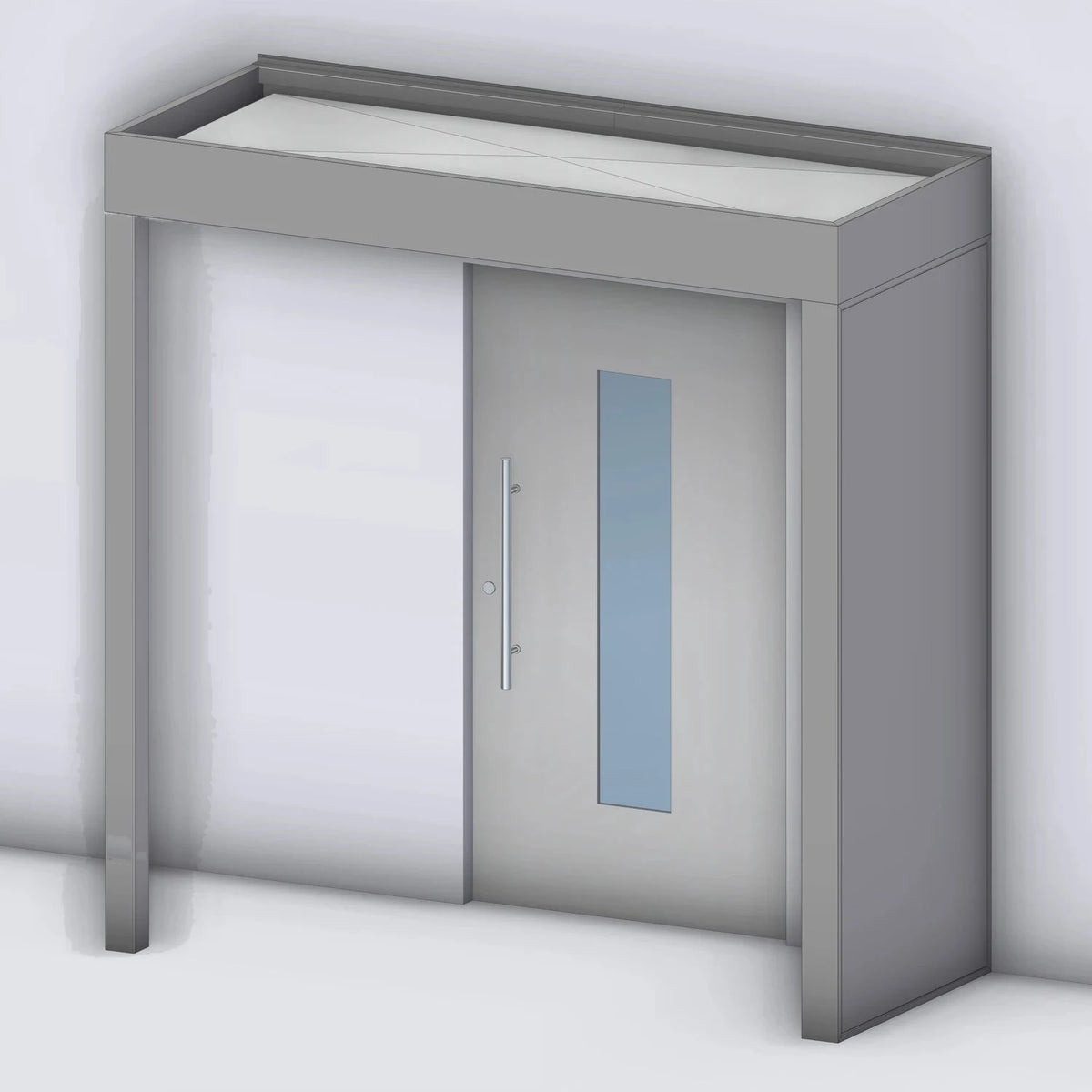 Vordach Tragwerk 245 VSG mit geschlossenem Aluminium-Seitenteil rechts und Eckstütze links, Rendering