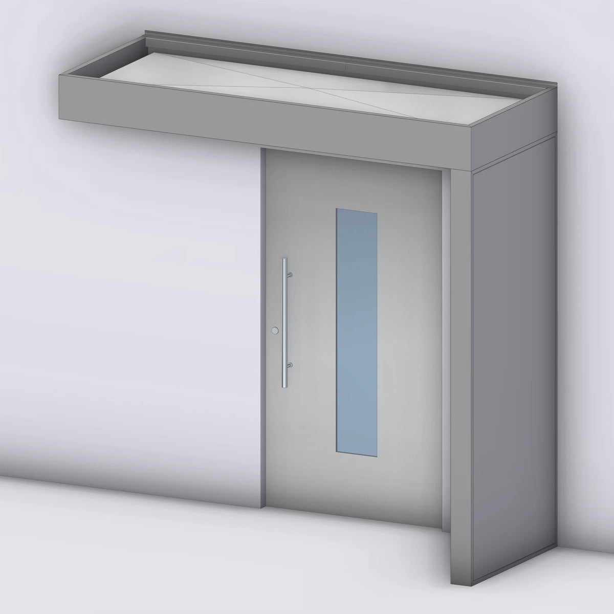 Vordach Platin auf Tragwerk 245 VSG mit geschlossenem Aluminium-Seitenteil rechts, Rendering (Darstellung mit Paneeleindeckung)