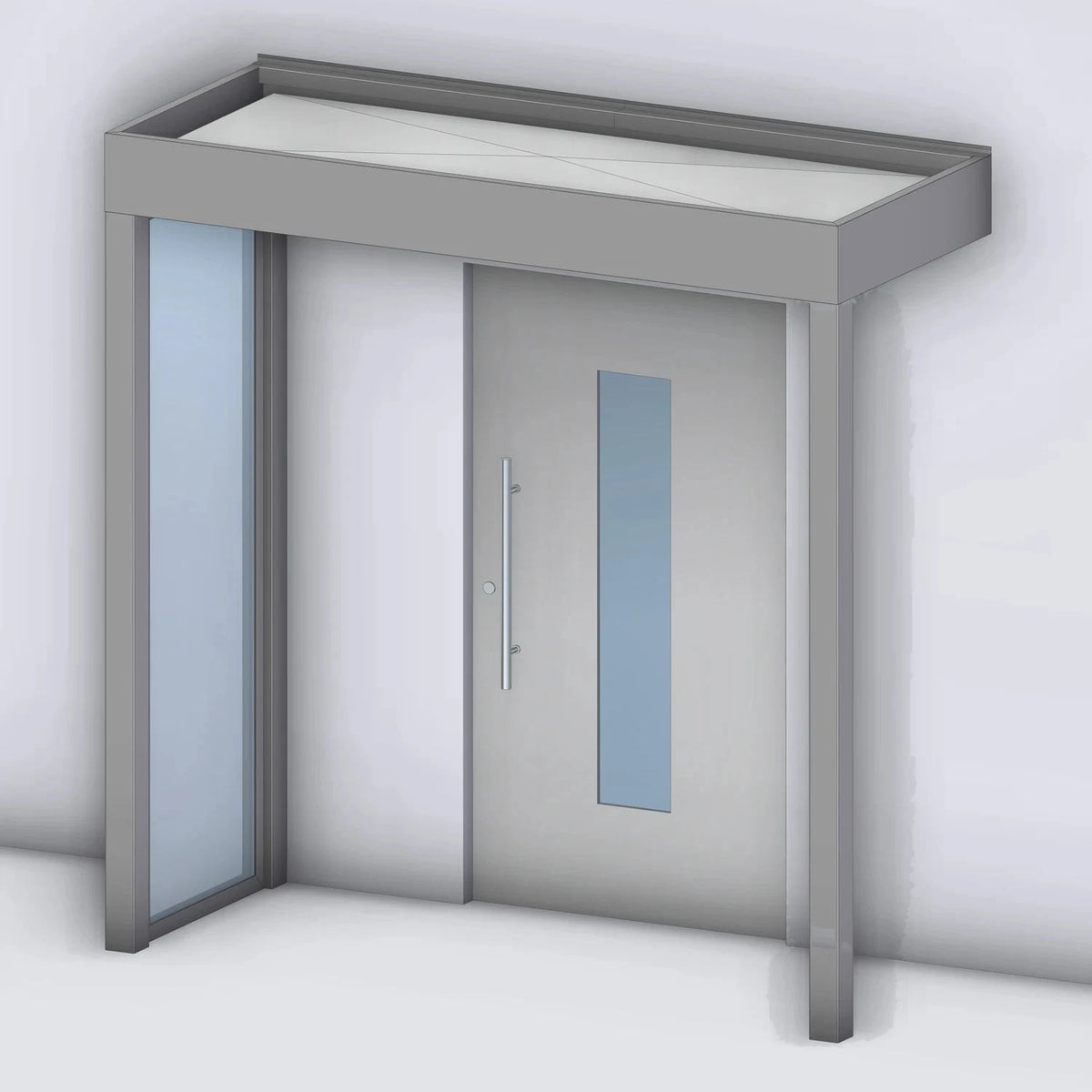 Vordach Tragwerk 245 VSG mit Glas-Seitenteil links und Eckstütze rechts, Rendering