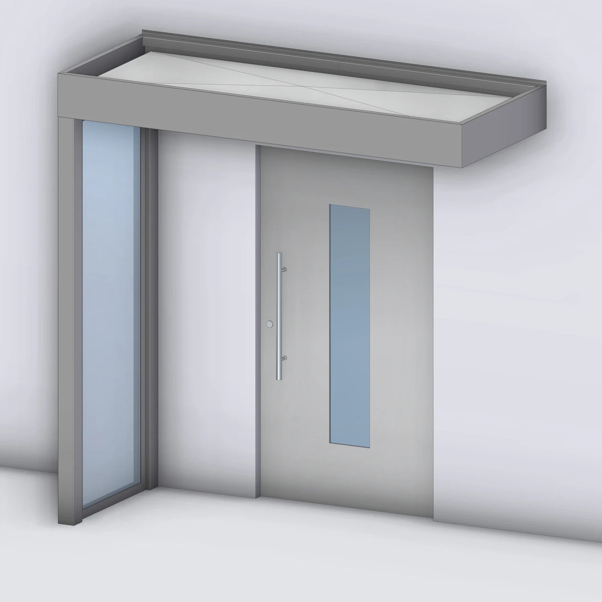 Vordach Platin auf Tragwerk 245 VSG mit Glas-Seitenteil links, Rendering (Darstellung mit Paneeleindeckung)