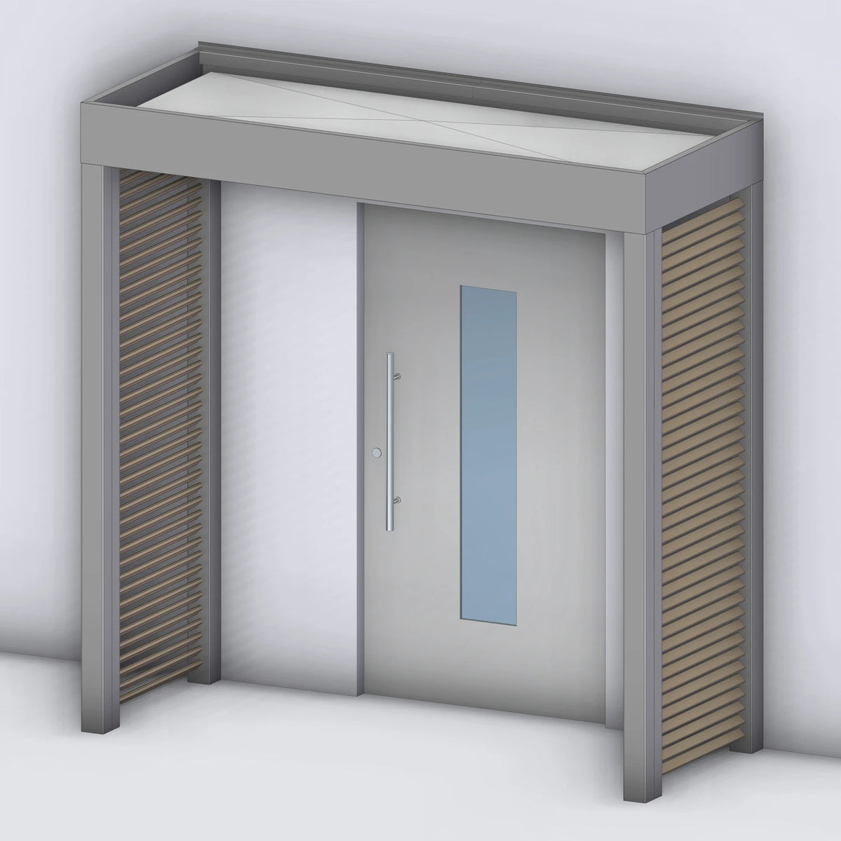 Vordach Platin auf Tragwerk 245 VSG mit Holz-Sprossenseitenteil links und rechts, Rendering (Darstellung mit Paneeleindeckung)
