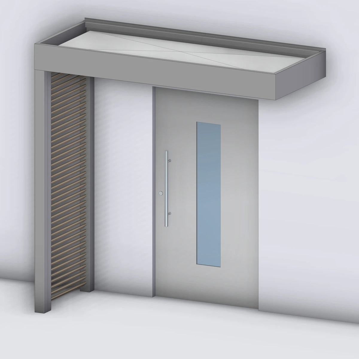 Vordach Platin auf Tragwerk 245 VSG mit Holz-Sprossenseitenteil links, Rendering (Darstellung mit Paneeleindeckung)