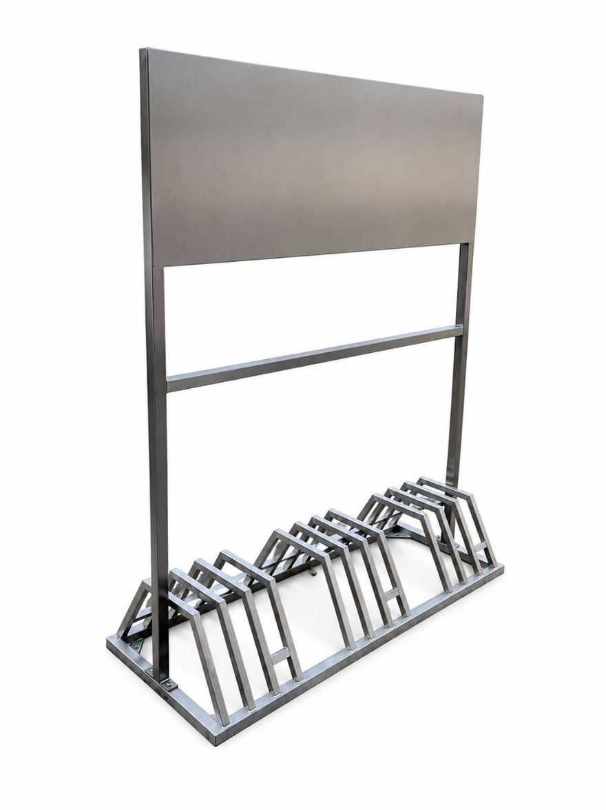 Werbefahrradständer aus Edelstahl für 6 Fahrräder mit Werbeschild 120 x 40 cm