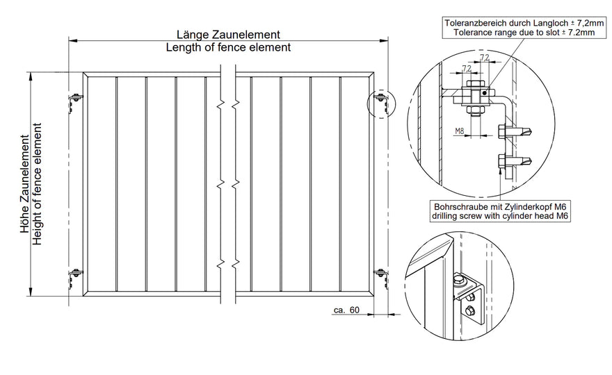 Technische Zeichnung eines Metallzaun-Elements mit Maßangaben und Befestigungsdetails.