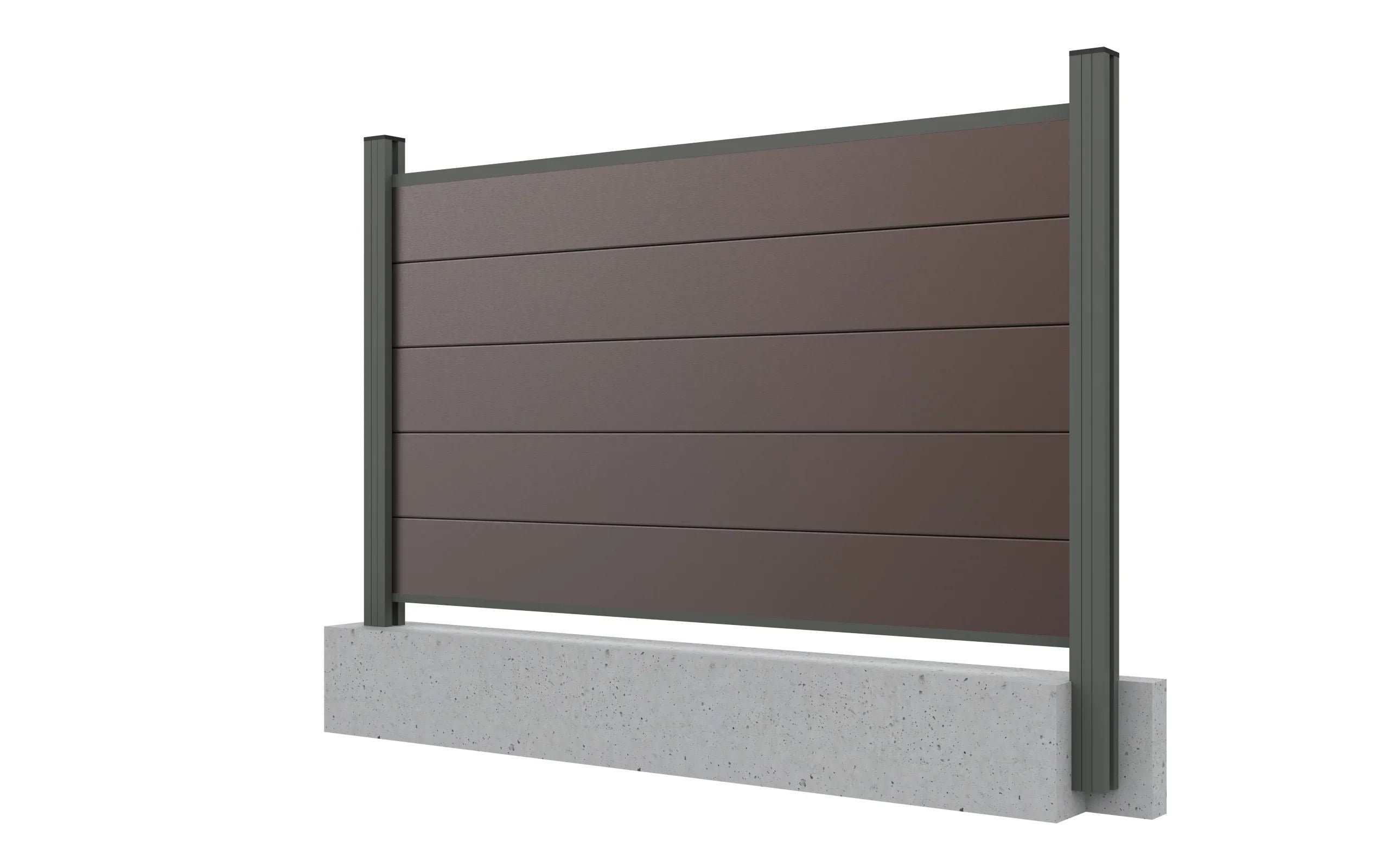 Sichtschutzzaun aus Alu und WPC in Choco Mix, 135cm hoch, auf Betonfundament montiert