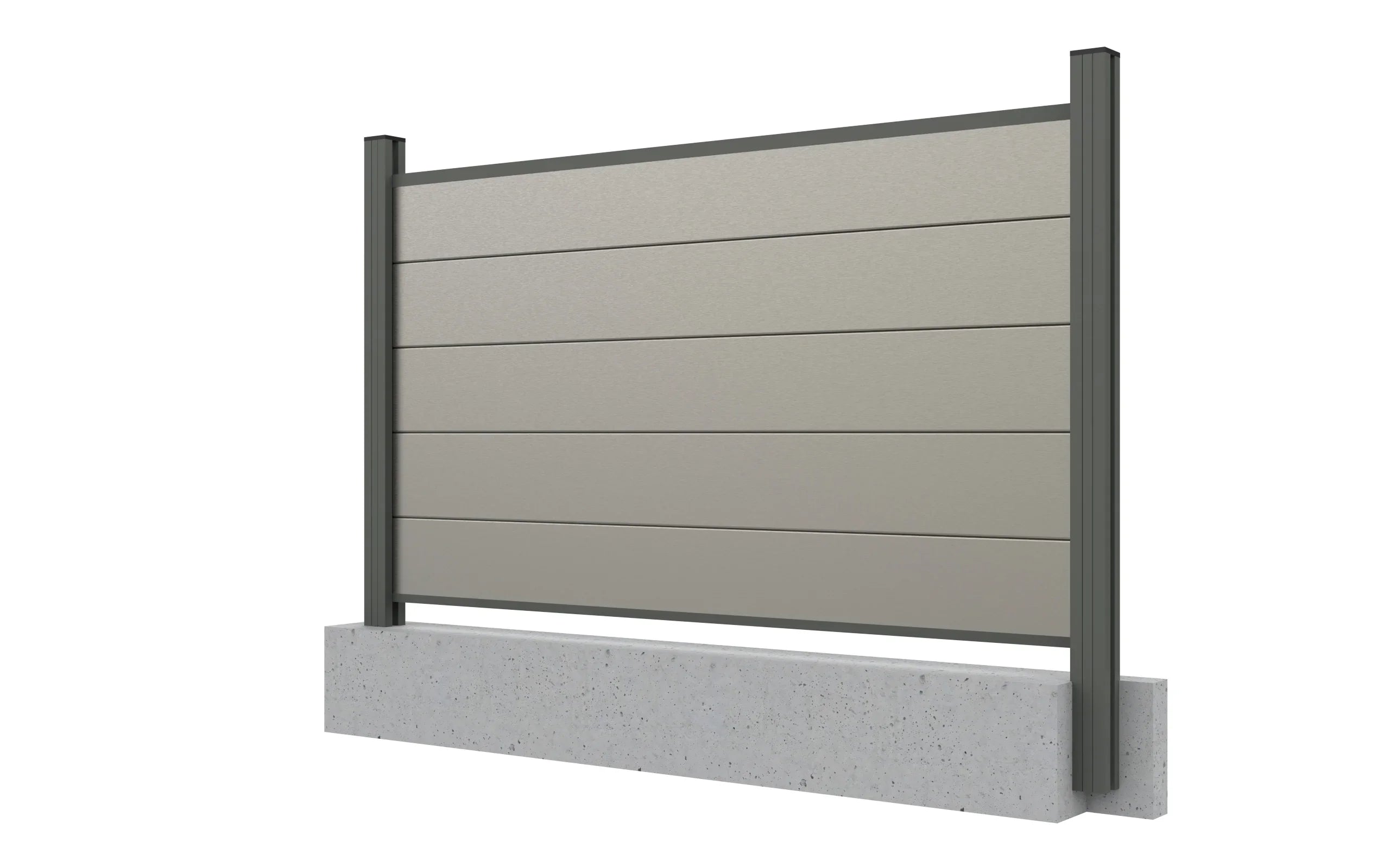 Zaun Sichtschutz aus Alu und WPC in Steingrau, 135 cm hoch, einbetoniert auf Betonsockel