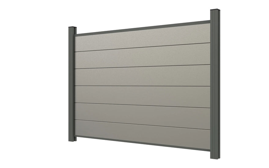 Sichtschutzzaun aus Aluminium und WPC in Steingrau, 135 cm hoch, modern, lamellenförmig