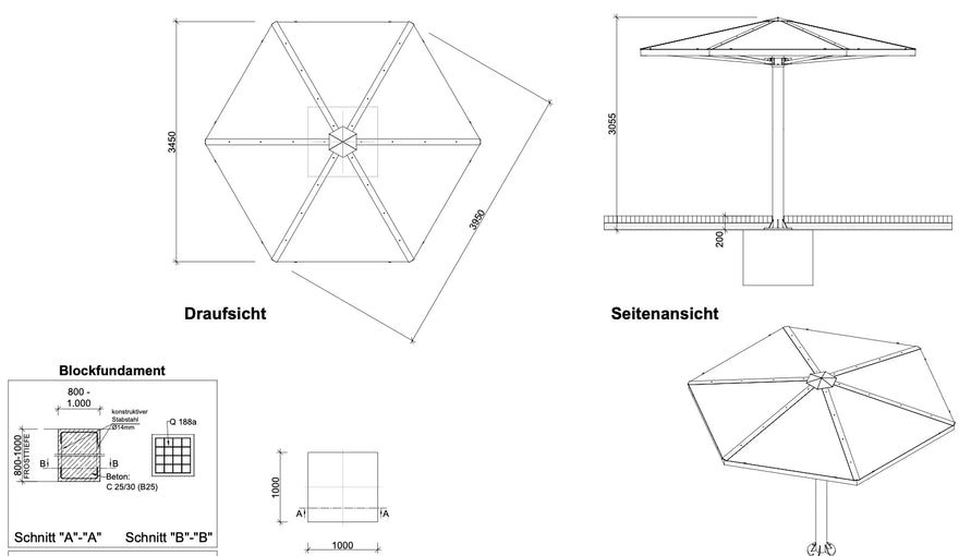 Technische Zeichnung einer sechseckigen Metall Überdachung mit Fundamentplan, Draufsicht und Seitenansicht.