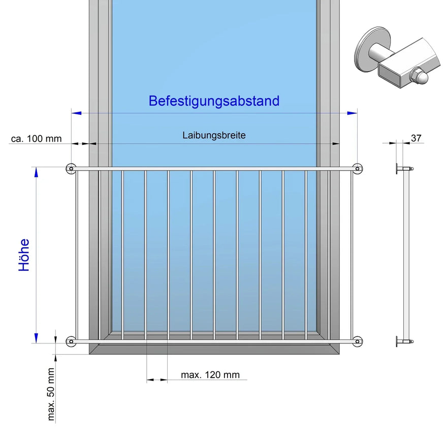 Technische Zeichnung eines französischen Balkongeländers mit Befestigungsmaßen, Metallstabfüllung.