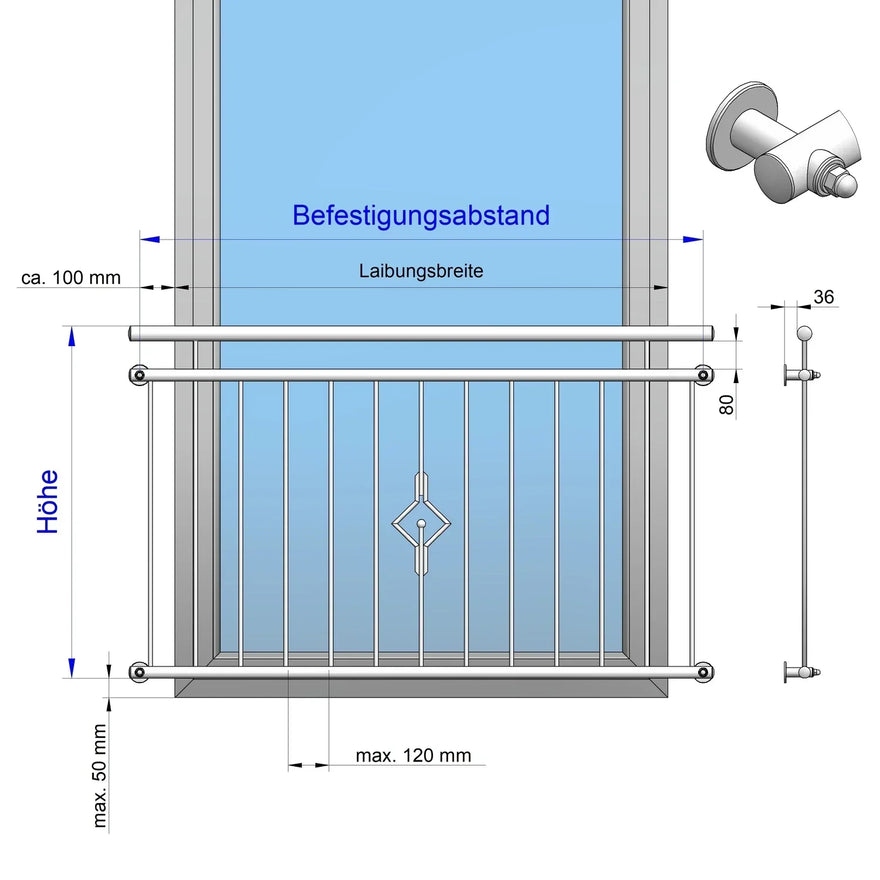 Technische Zeichnung eines französischen Balkongeländers aus Metall mit Maßangaben.