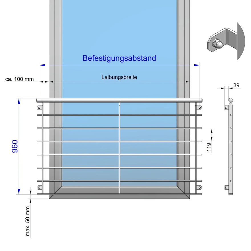 Technische Zeichnung französischer Balkon aus Edelstahl mit Maßangaben und Befestigungsdetails
