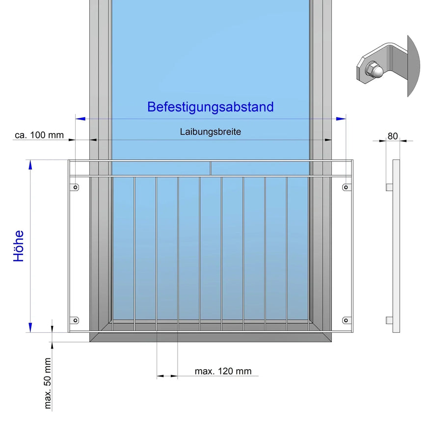 Technische Zeichnung eines französischen Metall-Balkongeländers mit Maßen und Befestigung.